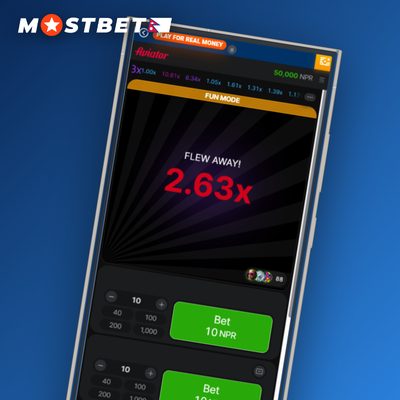 Mostbet Casino Aviator-style crash game graph curving upward on a dark gradient