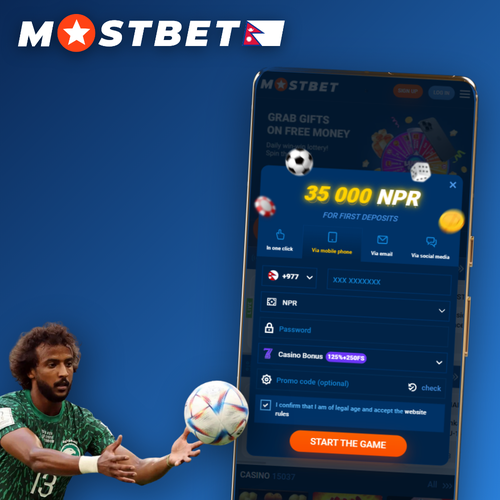 Mostbet register login form with one-click, phone, email and social tabs for Nepal players